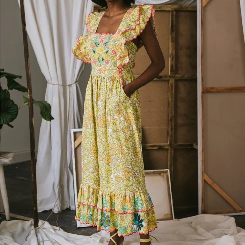 CeliaB Yellow Floral Embroidered Midi Dress with Pink Trim - Picture 9 of 10